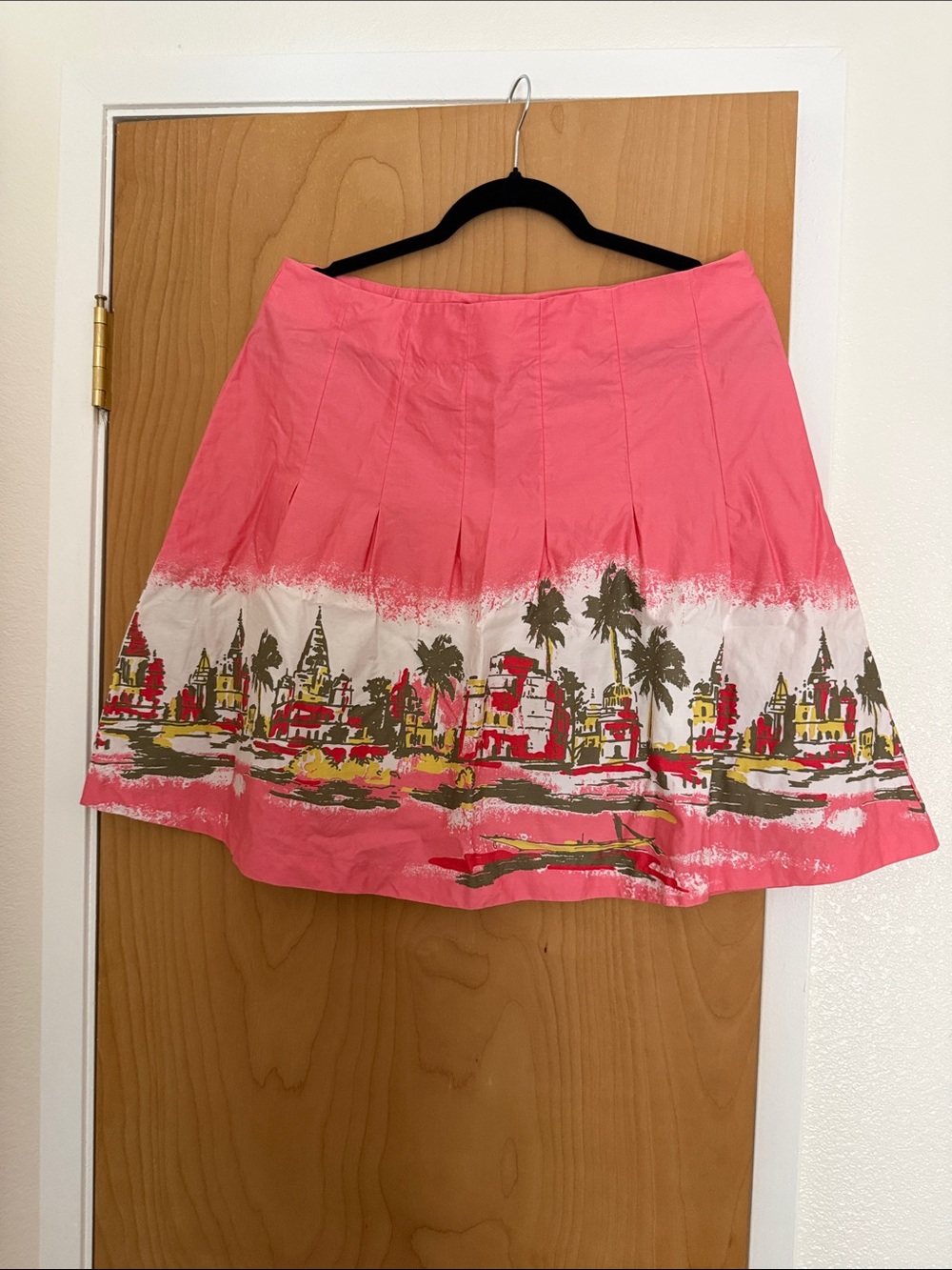 Old Navy Coral Pink A-Line Skirt with Scenic Border Print